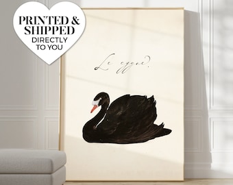May include: A black and white illustration of a swan with the text "Le cygne?" printed above it.