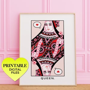 queen of hearts (pink) ~ printable wall art | trendy retro vintage aesthetic fun minimal valentines lucky royal playing card altered artwork