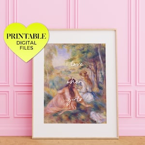 i love when girls ~ in the meadow ~ printable wall art | classical impressionist rococo sapphic lesbian wlw vintage painting altered artwork