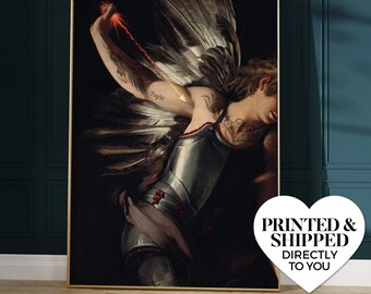 May include: A painting of a winged figure with a tattoo that says "Tigris" on their arm. The figure is wearing armor and has a dramatic expression on their face.