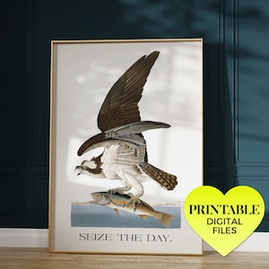 May include: A vintage illustration of an osprey with a fish in its talons, with the text "Seize the Day."  The image is in a light brown frame and has a yellow heart with the text "Printable Digital Files" in the bottom right corner.