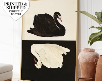 May include: A black and white illustration of two swans. The top swan is black with a red beak and the bottom swan is white with a red beak. The background is a black and white checkered pattern.