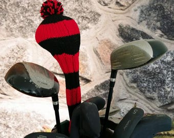 Golf club cover hand knit 2 colour wide stripe and pom finish design