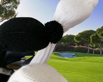 Knit golf club cover set monochrome pom finish