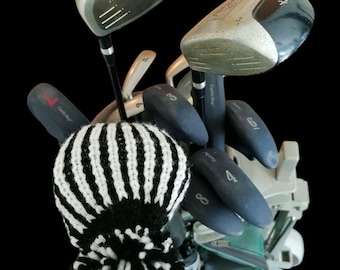 Hand Knit golf club cover 2 colour vertical stripe and pom finish design