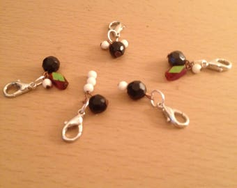 Beaded Stitch Markers: Ruby Red & Black Glass, Lobster Clasp (Set of 5)