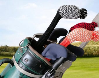 Hand Knit golf club cover 2 colour houndstooth stitch and pom finish design