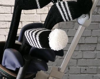 Hand knit golf club covers black and white striped set with pom finish