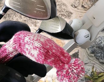 Knitted golf club cover pink/white/grey random stitch pattern design with pom finish