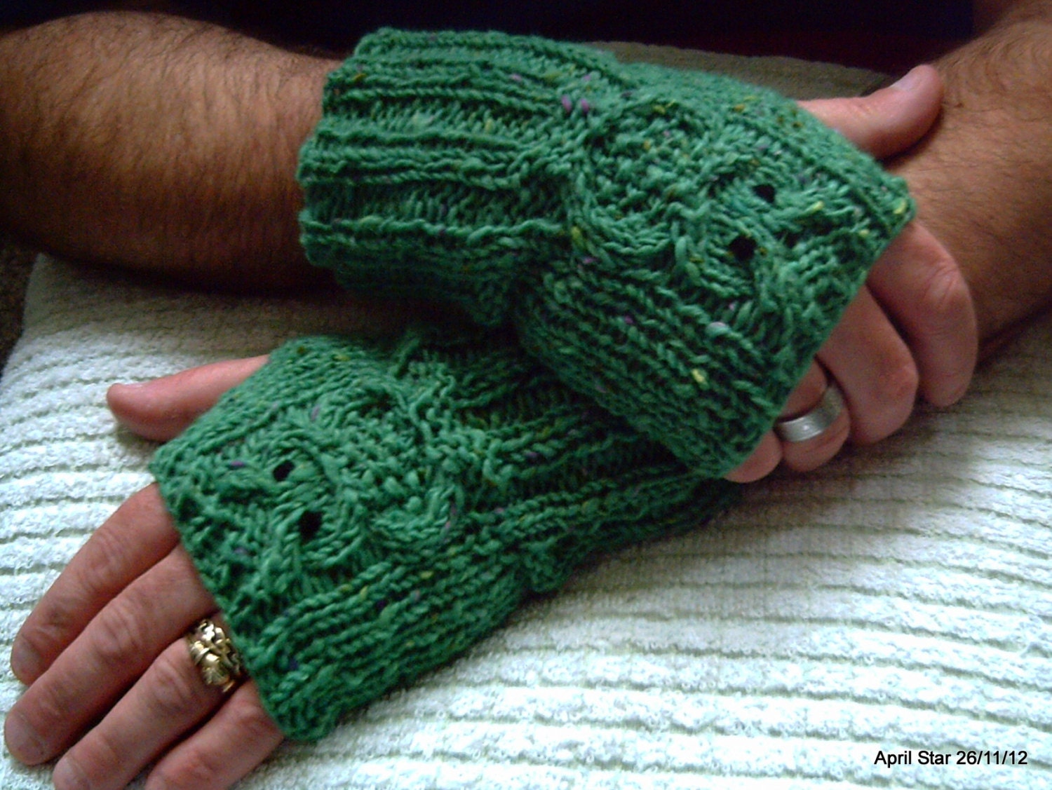 Hand knit Aran hand warmers wrist warmers with owl motif green Etsy