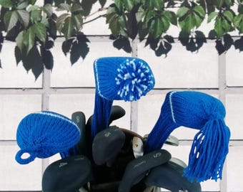 Golf club covers blue and white striped set hand knit
