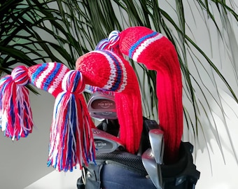 Red with white and blue stripes knitted golf headcovers