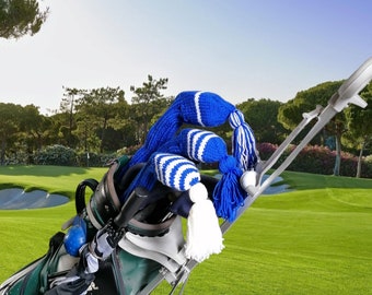 Hand Knit Golf Club Cover: Blue & White Striped Acrylic with Tassel