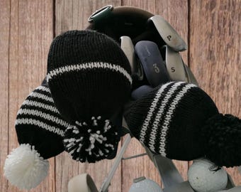 Knit golf club cover set stripes and pom finish design