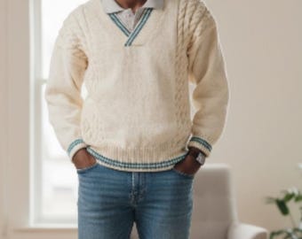 Hand Knit Cable Cricket Sweater: Unisex V-Neck Acrylic Top