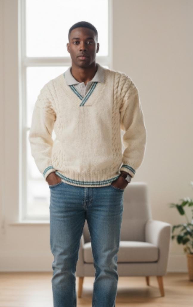 Hand Knit Cable Cricket Sweater: Unisex V-Neck Acrylic Top