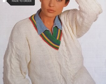 Hand Knit Cable Cricket Sweater: Unisex V-Neck Acrylic Jumper