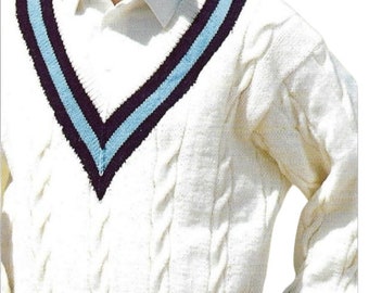Hand Knit Aran Cable Cricket Sweater - Cream V Neck 2XL
