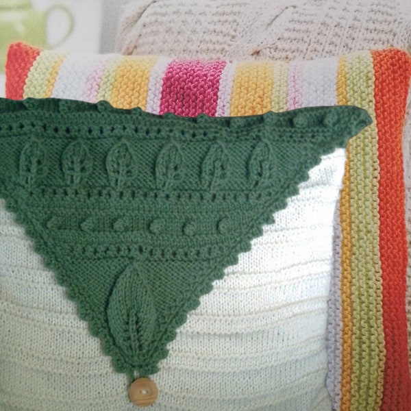 Cream Aran cushion pillow sham cover with green contrast leaf over flap design button fastenings hand knit