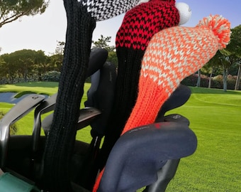 Golf club covers knitted houndstooth pattern set with pom finish