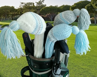 Hand Knit Golf Club Head Cover Set: Cream, Blue & Gray Stripe
