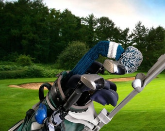 Teal Knit Driver Golf Club Cover: Cream & Silver Stripe, Oversized Pom