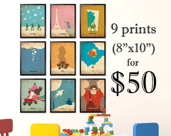 Pixar Vintage Minimalist Poster Set of 9 Art Prints