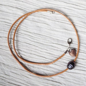 Black Freshwater Pearl, Leather Necklace, Beige Leather Choker, Pearl Choker