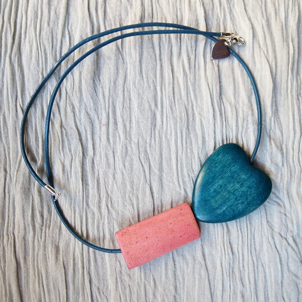 Teal and Pink Geometric Necklace, Asymetrical Necklace, Heart Necklace, Statement Necklace, Wood and Leather, Everyday Necklace