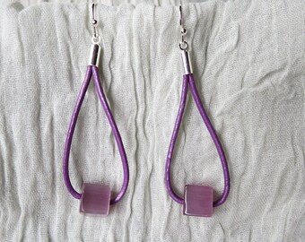 Purple Gemstone Earrings, Dangle Earrings, Leather Earrings, Purple leather and Real Stone Drop Earrings