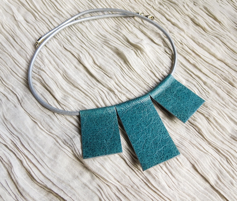 Geometric Leather Necklace Teal Leather Necklace