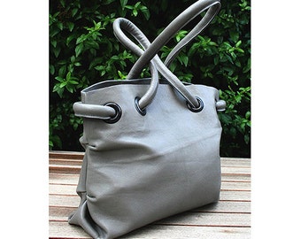 Ashy Gray Leather Handbag, Medium Sized Luxury Tote, Handmade Bag