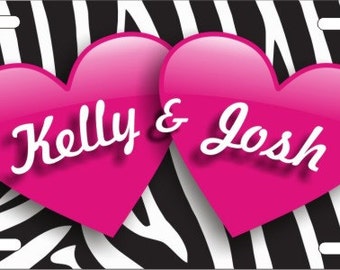 two hearts on zebra stripes lovers personalized custom front license plate car tag