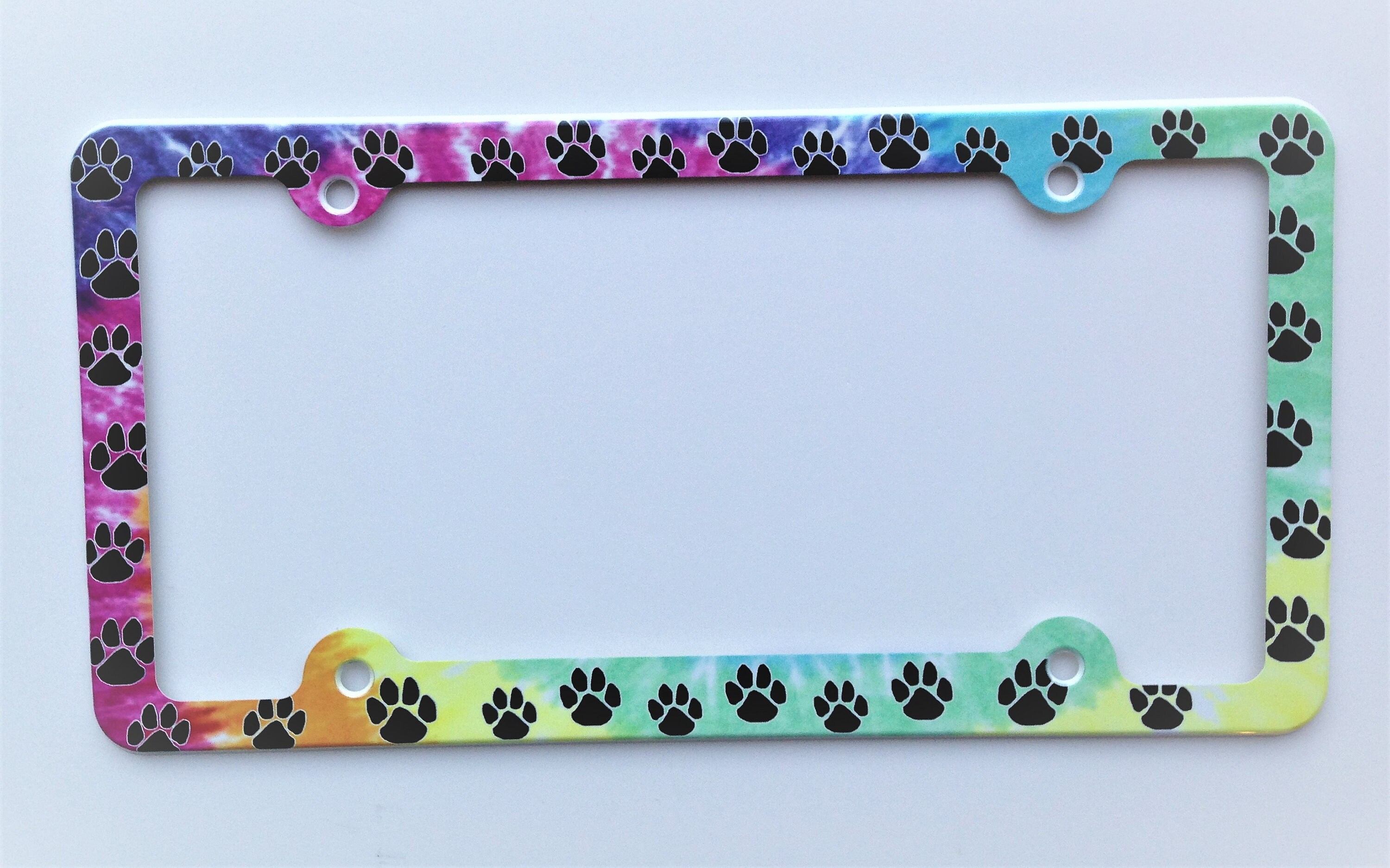 Paws License Plate Frame, Paw Prints on Tie-dye Decorative License