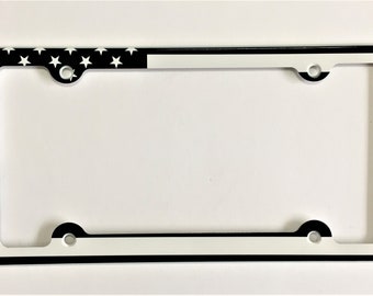 American Flag Black and White Aluminum License Plate Frame
