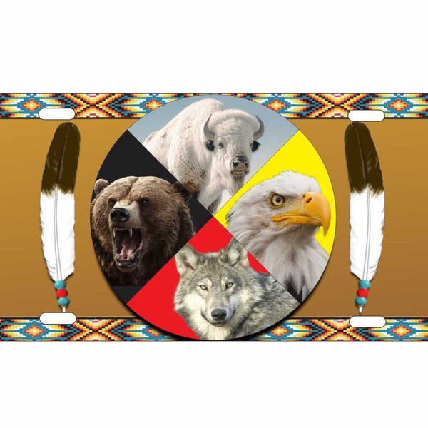 Medicine Wheel Novelty License Plate with Native American Symbols, Metal, Decorative Front Vanity Car Tag