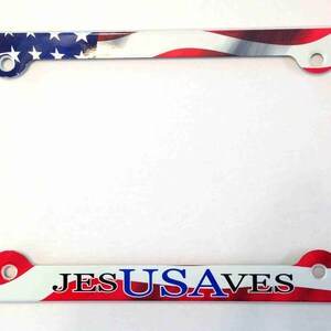Jesus Saves USA License Plate Frame, American Flag Decorative License Plate Holder, Americana Car Tag Frame
