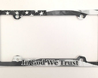 American Flag License Plate Frame, "In God We Trust", Aluminum Car Tag