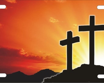 Personalized Golgotha Three Crosses Aluminum License Plate