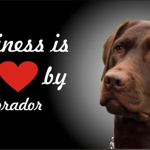 Puede incluir: Una placa de matrícula negra y blanca con un perro Labrador Retriever marrón chocolate en el lado derecho. El texto en la placa de matrícula dice "Happiness is being by a Labrador" con un corazón rojo entre las palabras "being" y "by".