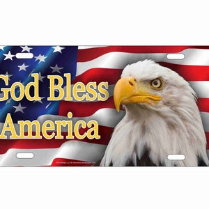 God Bless America Bold eagle on American flag Patriotic novelty front license plate Decorative Vanity aluminum car tag