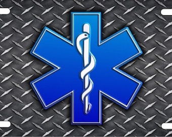 Personalized EMT License Plate, Faux Diamond Plate Car Tag