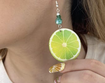 sliced lime round Dangle Earrings with a glass beads. A Unique gift idea