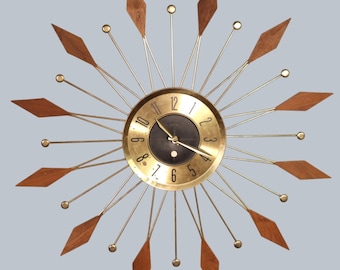Vintage 1950s Midcentury MCM Metal Welby Starburst Wall Clock Made