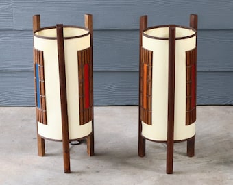 Vintage Cylinder Shaped Tripod Lamp Pair Walnut Wood Orange Blue Red Panels Mid Century Modern Atomic Retro 60's 70's