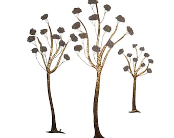 Vintage Brutalist Large Brass Set of 3 Tree Wall Hanging Sculpture Jacqui of California Gold Mid Century Modern Retro 50's 60's