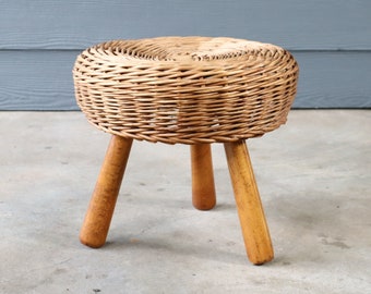 Vintage Tony Paul Wicker Rattan Foot Stool Woven Cane 50's 60's Retro Mid Century Modern Eclectic Boho Bamboo Basket Weave