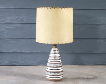 Mid Century Striped Squiggly Ceramic Lamp Fiberglass Shade Modern Atomic Retro 50's 60's Danish Style