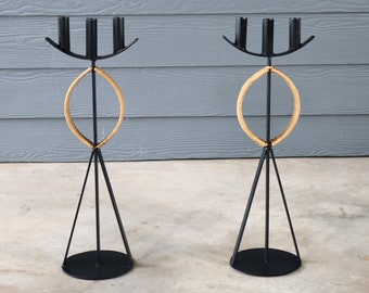 Mid Century Arthur Umanoff for Raymor Pair of Iron Cane Candle Holders Modern Retro Atomic 60's Sculptural