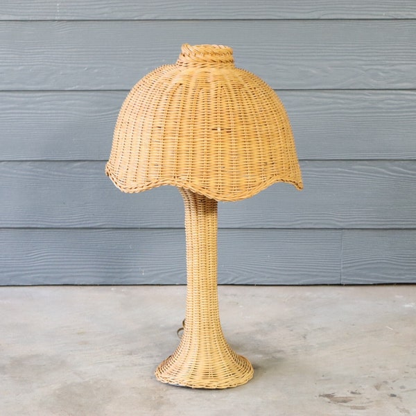 Vintage Bohemian Wicker Tulip Base Lamp with Shade Boho Chic Cottage Retro 70's Emmanuelle